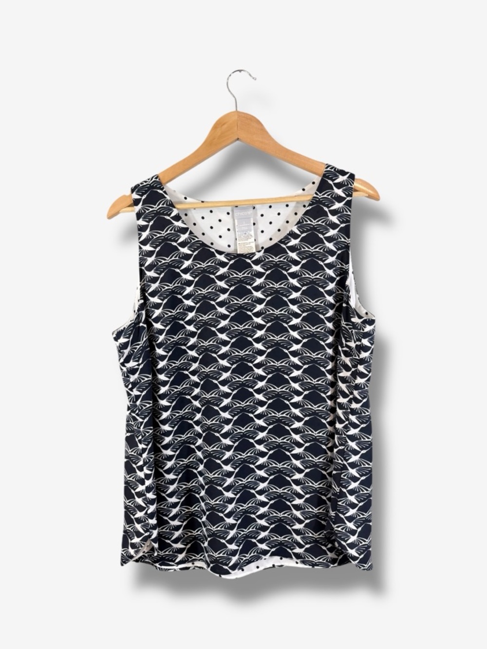 Chico’s Reversible Tank Top Size 2 (US L 12/14) Blue White Bird Polka Dot Print